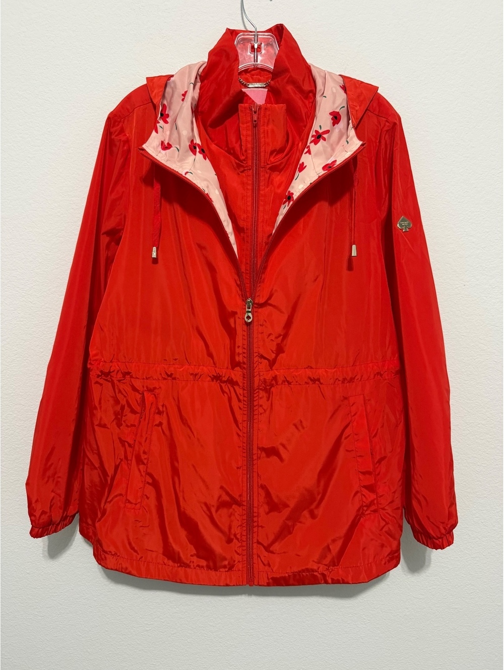 Kate Spade Red/Floral Hooded Long Sleeve ZipFront Windbreaker Rain Jacket Size L